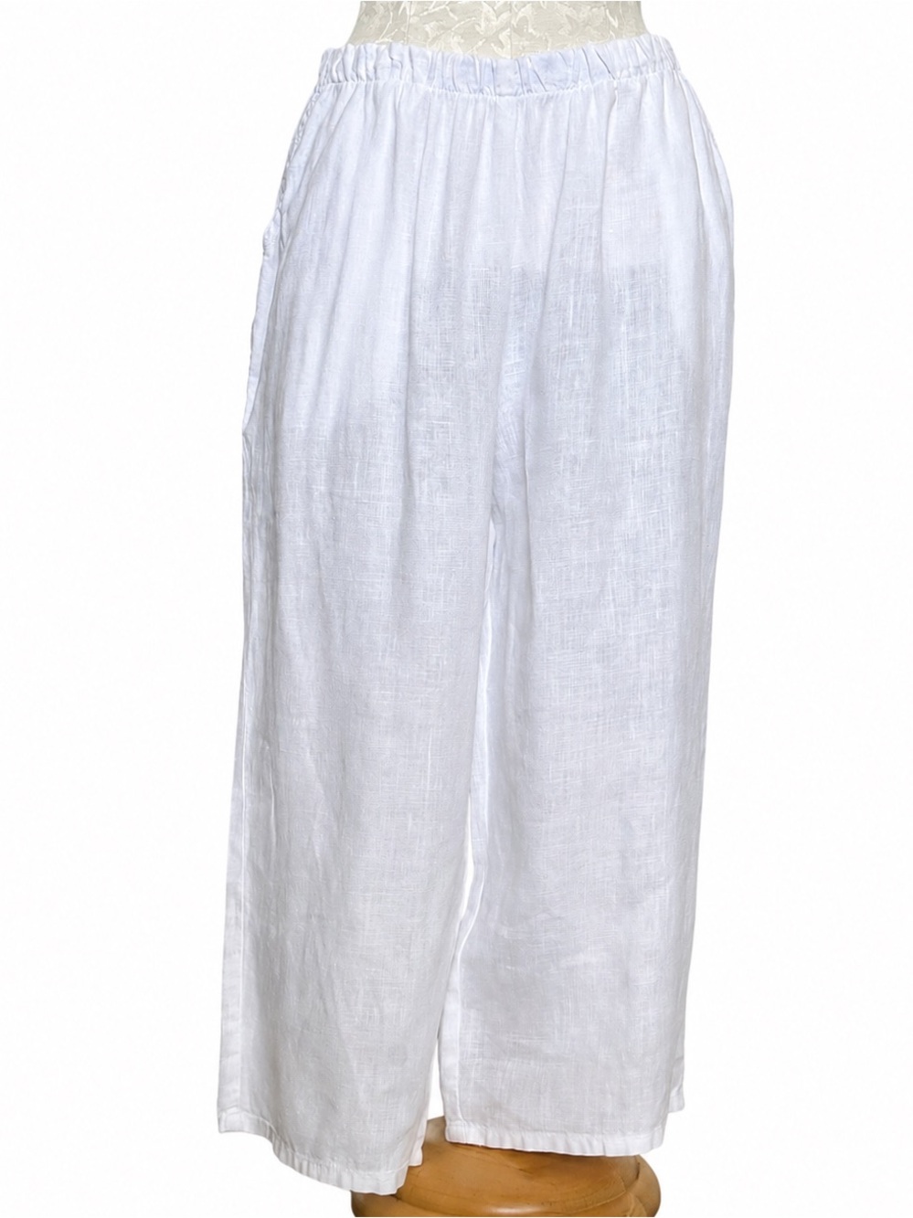 Match Point White 100% Linen Pull-On Wide Leg Pants Made in USA Size M